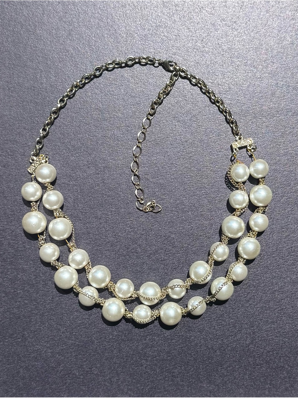 Vintage Faux Pearl-Style Cream Statement Necklace - 3-Row Gold Chain